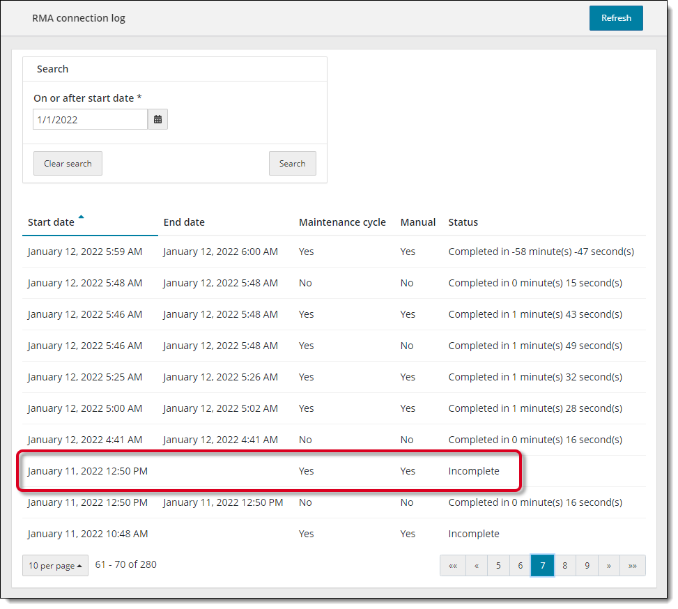 Incomplete RMA cycle in the RMA connection log report.